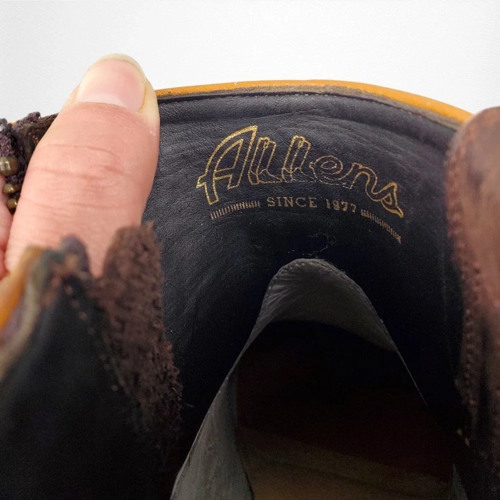 Allens Boots Brown Suede Leather Western Ankle Boots Yellow Piping 8.5 B